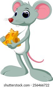 Funny cartoon mouse with piece of tasty cheese