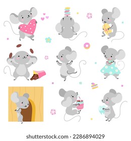 Gracioso ratón de dibujos animados jugando y durmiendo. Personajes adorables con ratones en diferentes poses. Ratas cómicas haciendo varias cosas, infantiles hoy en día vector clipart