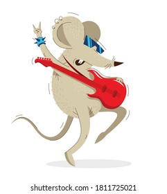 Funny cartoon mouse plays electric guitar like a rock star vector illustration, music hobby theme, humorous rat cartoon.