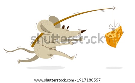 Funny cartoon mouse runs fast in a rush vector illustration, hurry late concept, humorous rat cartoon.