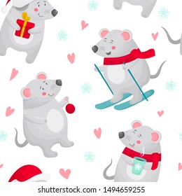 Funny cartoon mouse seamless pattern. Vector illustration of cute hand drawn winter New Year mice with gift, Santa cap, ski. Texture for print, paper, design, fabric, decor, wrap, background