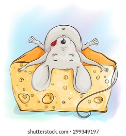 Funny cartoon mouse sleeping on the cheese on a light background