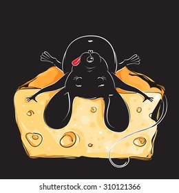Funny cartoon mouse sleeping on cheese, on a black background