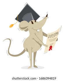 Funny cartoon mouse in a student hat with diploma graduation from university vector illustration, education concept, humorous rat drawing.