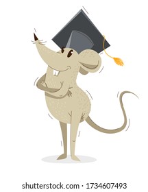 Funny Cartoon Mouse In A Student Hat Graduation From University Vector Illustration, Education Concept, Humorous Rat Drawing.