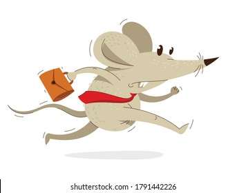 Funny cartoon mouse with tie and case like a businessman runs fast in a rush vector illustration, hurry late concept, humorous rat cartoon.