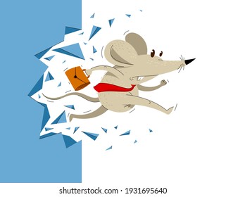 Funny cartoon mouse with tie and case like a businessman breaking a wall vector illustration, breakthrough business hero concept, humorous business financial success cartoon.