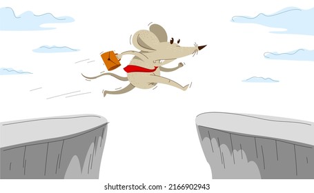 Funny cartoon mouse with tie and case like a businessman jumps through cliff vector illustration, obstacle in career and business concept, humorous business cartoon.