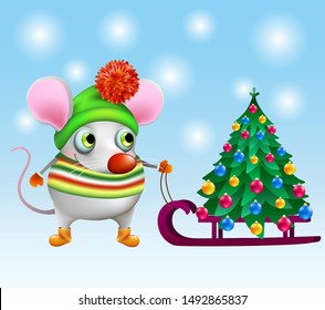 funny cartoon mouse in winter clothes with sled and Christmas tree on blue background and snowflake
