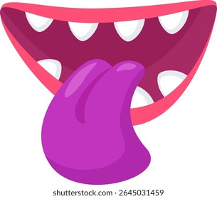Funny cartoon mouth displaying a big purple tongue and bright white teeth, perfect for illustrating tasting, licking, or conveying a humorous emotion in a playful, vibrant style