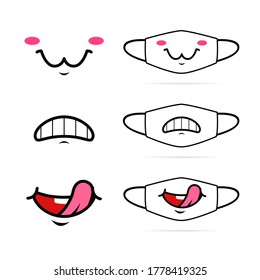 Funny cartoon mouth smile expression face mask design illustration set