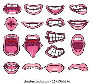 Funny Cartoon mouths set with different expressions. Smile with teeth, sticking out tongue, surprised. Simple vector illustration.