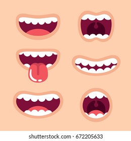 Funny Cartoon mouths set with different expressions. Smile with teeth, sticking out tongue, surprised. Simple vector illustration.