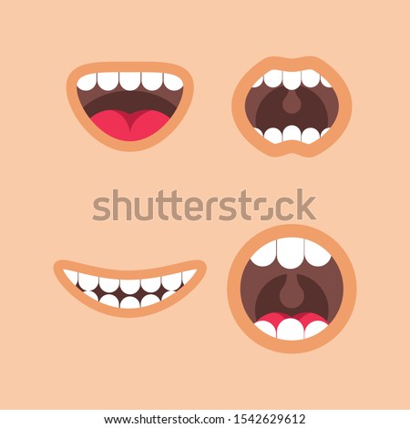 Funny Cartoon mouths set with different expressions for animation. Smile with teeth, surprised. Simple vector illustration.