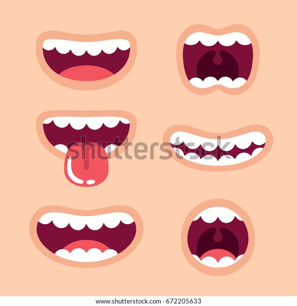 Funny Cartoon mouths set with different\
expressions. Smile with teeth, sticking out tongue, surprised.\
Simple vector\
illustration.