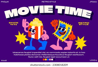 Funny cartoon movie character. fashion poster. Vector illustration of popcorn and movie ticket in 90s style. Set of comic elements in trendy retro groovy style.