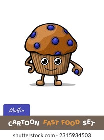 Funny cartoon muffin isolated on white background. Cartoon muffin character. Vector Illustration