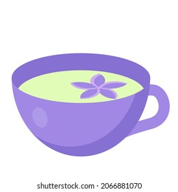 Funny cartoon mug with herbal tea with flower, cute vector illustration in flat style. Purple, violet and green colors. Autumn hot drink, cozy style print. Cup of herbal drink. 