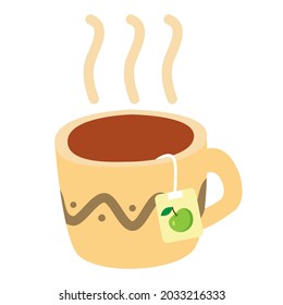 Funny cartoon mug with hot tea, cute vector illustration in flat style. Beige, brown and green colors. Tea bag with apple taste. Autumn hot drink, cozy style print. Cup of herbal tea. 