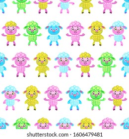 Funny cartoon multi-colored lambs. Set of pink, blue, yellow and green funny animals on a white background. Seamless pattern for different surfaces.