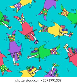 funny cartoon multi-colored sharks in Hawaiian shorts and sunglasses swallowed vacationers. Seamless pattern. Texture for fabric, wrapping, wallpaper. Decorative print.Vector illustration