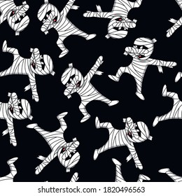 Funny cartoon mummy make DAB move, dancing hip hop style. Halloween seamless pattern. Vector illustration.