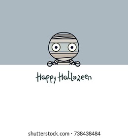 Funny cartoon mummy on gray background. Halloween backdrop. 