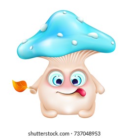 funny cartoon mushroom in blue hat with yellow leaf