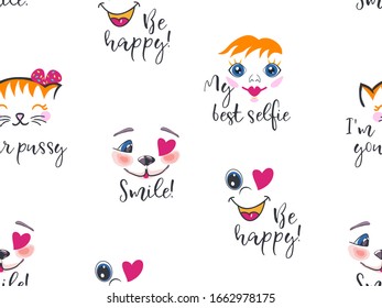 Funny cartoon Muzzles, set character, faces collection with pink cheeks, little heart and winking eyes on white background. Hand drawn Vector seamless pattern.