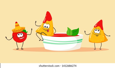 Funny And Cartoon Nachos Chips With Tomato And A Cup Of Tomato Salsa With Basil. Vector Illustration