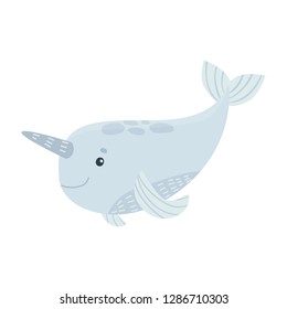 funny cartoon narwhal isolated on white background. vector kids illustration