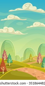 Funny Cartoon Nature Landscape, Sunny Day Vector Illustration, Vertical Size Background For Mobile Phone Screen