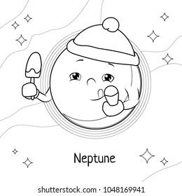 Funny cartoon Neptune. Black and white vector illustration for children's coloring book