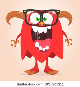 Funny cartoon nerd monster character wearing eyeglasses. Illustration of cute and happy mythical alien creature. Halloween design.