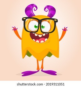 Funny cartoon nerd monster character wearing eyeglasses. Illustration of cute and happy mythical alien creature. Halloween design.