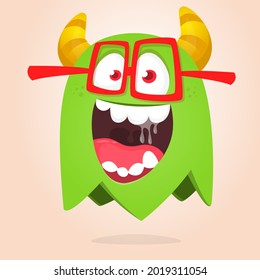 Funny cartoon nerd monster character wearing eyeglasses. Illustration of cute and happy mythical alien creature. Halloween design.