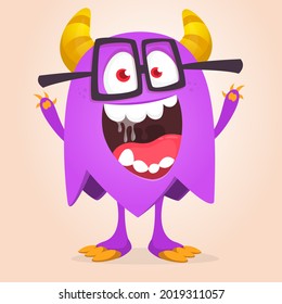 Funny cartoon nerd monster character wearing eyeglasses. Illustration of cute and happy mythical alien creature. Halloween design.