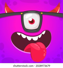 Funny cartoon nerd monster face wearing eyeglasses. Illustration of cute and happy mythical alien creature expression. Halloween design. Great for package design