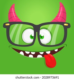 Funny cartoon nerd monster face wearing eyeglasses. Illustration of cute and happy mythical alien creature expression. Halloween design. Great for package design