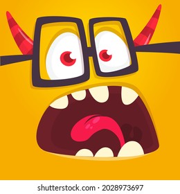 Funny cartoon nerd monster face wearing eyeglasses. Illustration of cute and happy mythical alien creature expression. Halloween design. Great for package design