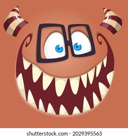 Funny cartoon nerd monster face wearing eyeglasses. Illustration of cute and happy mythical alien creature expression. Halloween design. Great for package design