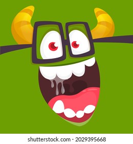 Funny cartoon nerd monster face wearing eyeglasses. Illustration of cute and happy mythical alien creature expression. Halloween party design. Vector isolated