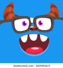 Funny cartoon nerd monster face wearing eyeglasses. Illustration of cute and happy mythical alien creature expression. Halloween party design. Vector isolated