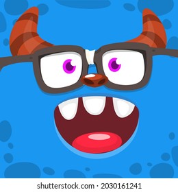 Funny cartoon nerd monster face wearing eyeglasses. Illustration of cute and happy mythical alien creature expression. Halloween design. Great for package design