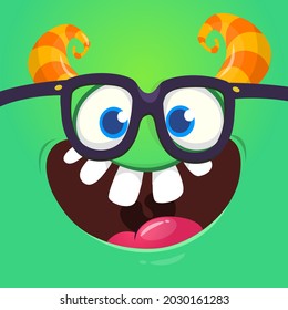 Funny cartoon nerd monster face wearing eyeglasses. Illustration of cute and happy mythical alien creature expression. Halloween design. Great for package design
