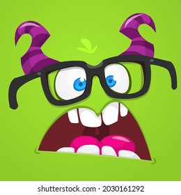 Funny cartoon nerd monster face wearing eyeglasses. Illustration of cute and happy mythical alien creature expression. Halloween design. Great for package design