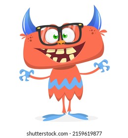 Funny cartoon nerd monster wearing eyeglasses. Halloween Illustration of happy smart alien character. Vector isolated
