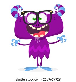 Funny cartoon nerd monster wearing eyeglasses. Halloween Illustration of happy smart alien character. Vector isolated