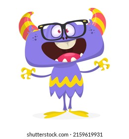 Funny cartoon nerd monster wearing eyeglasses. Halloween Illustration of happy smart alien character. Vector isolated