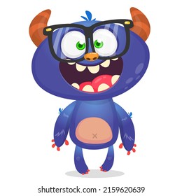 Funny cartoon nerd monster wearing eyeglasses. Halloween Illustration of happy smart alien character. Vector isolated